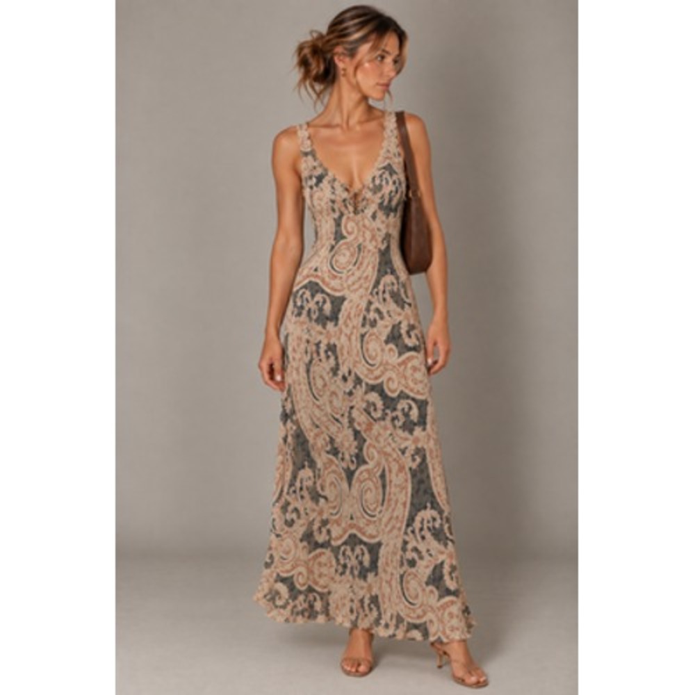 Zara Maxi Dress Womens Large Paisley Ruffle Trim Boho V-Neck Fairy Wedding Event